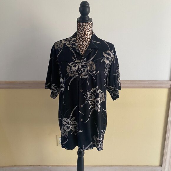 Geoffrey Beene Men's Navy Tan Silk Blend Floral Hawaiian Shirt Size M - Picture 1 of 3